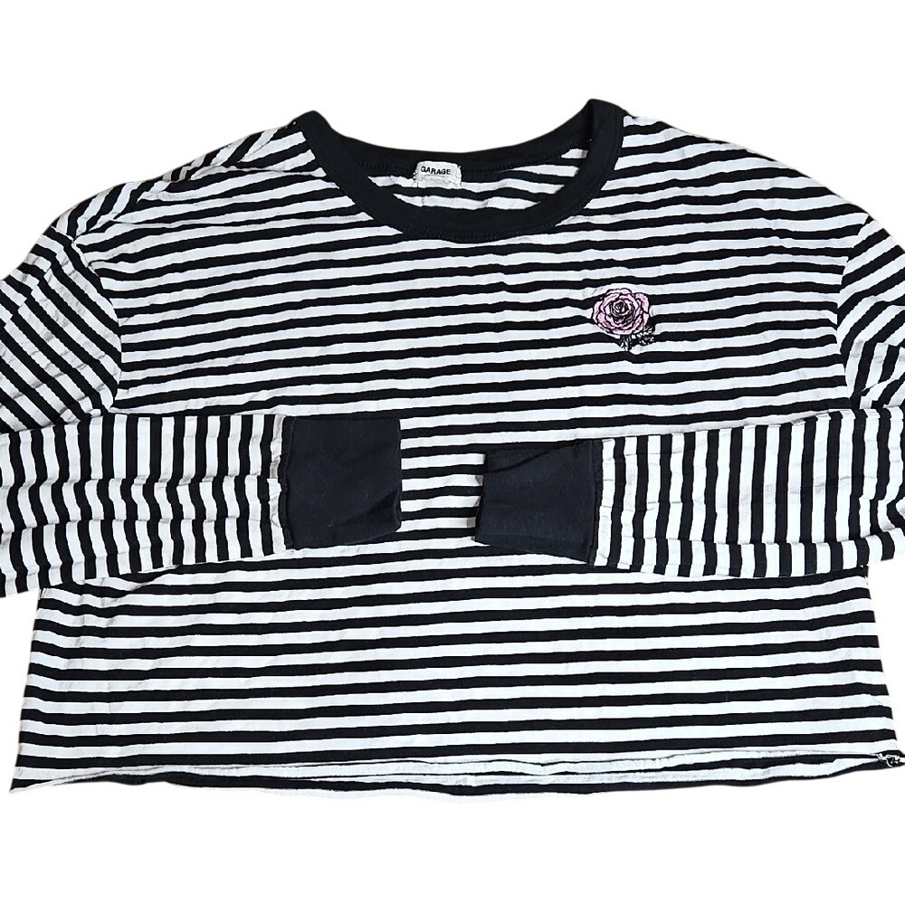 Garage Long Sleeve‎ Crop Top, Casual Y2K Grunge, Black White, Small
